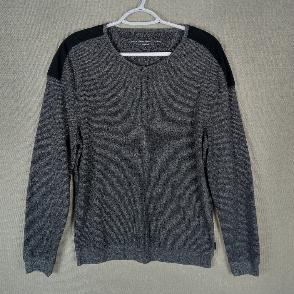 John Varvatos USA Waffle Knit Henley Shirt Mens L Gray Shoulder Elbow Patches